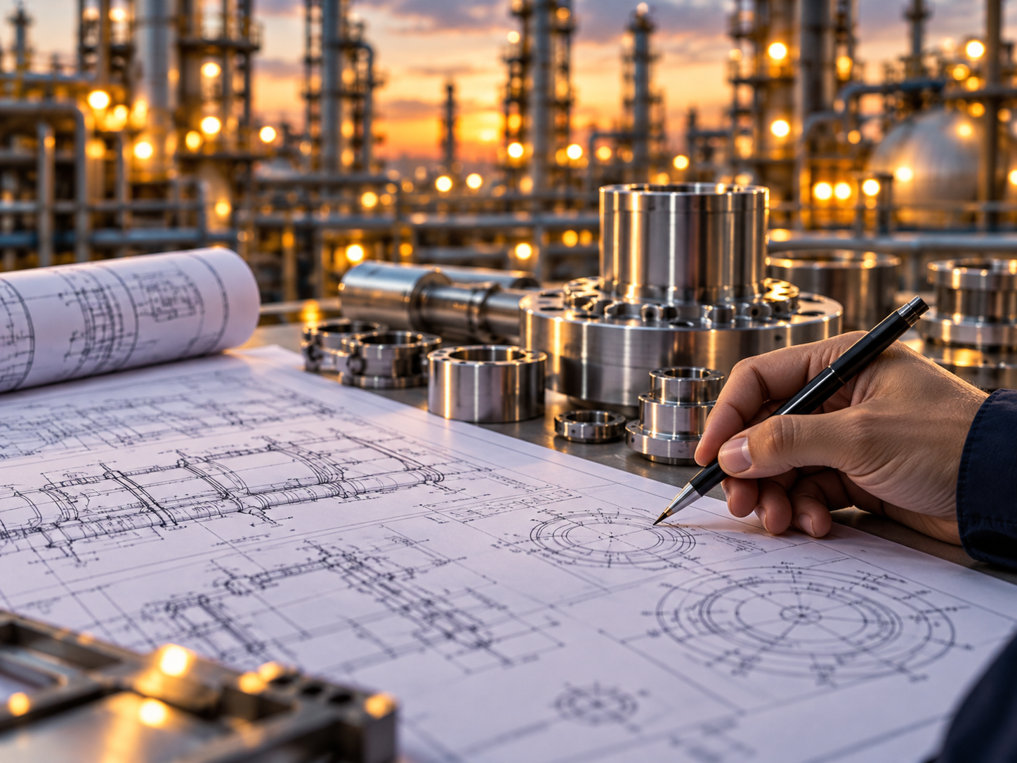 Technical drawings and precision components being reviewed