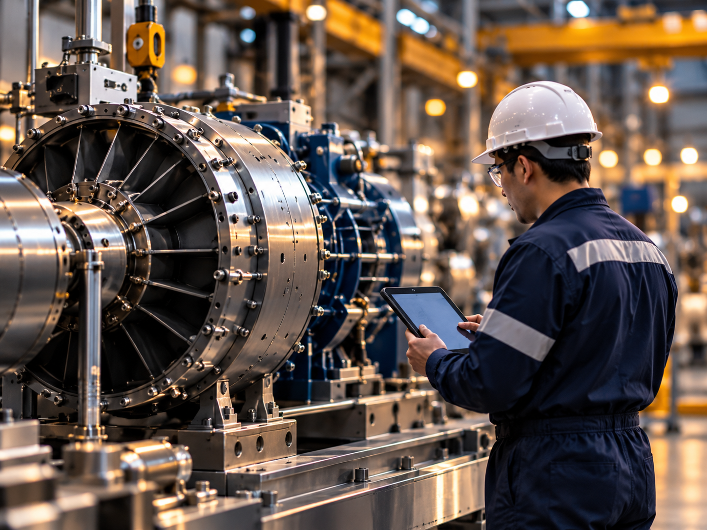 Engineer inspecting industrial equipment in a manufacturing facility