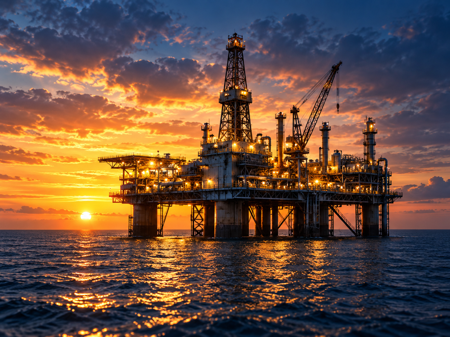 Offshore oil and gas platform at sunset