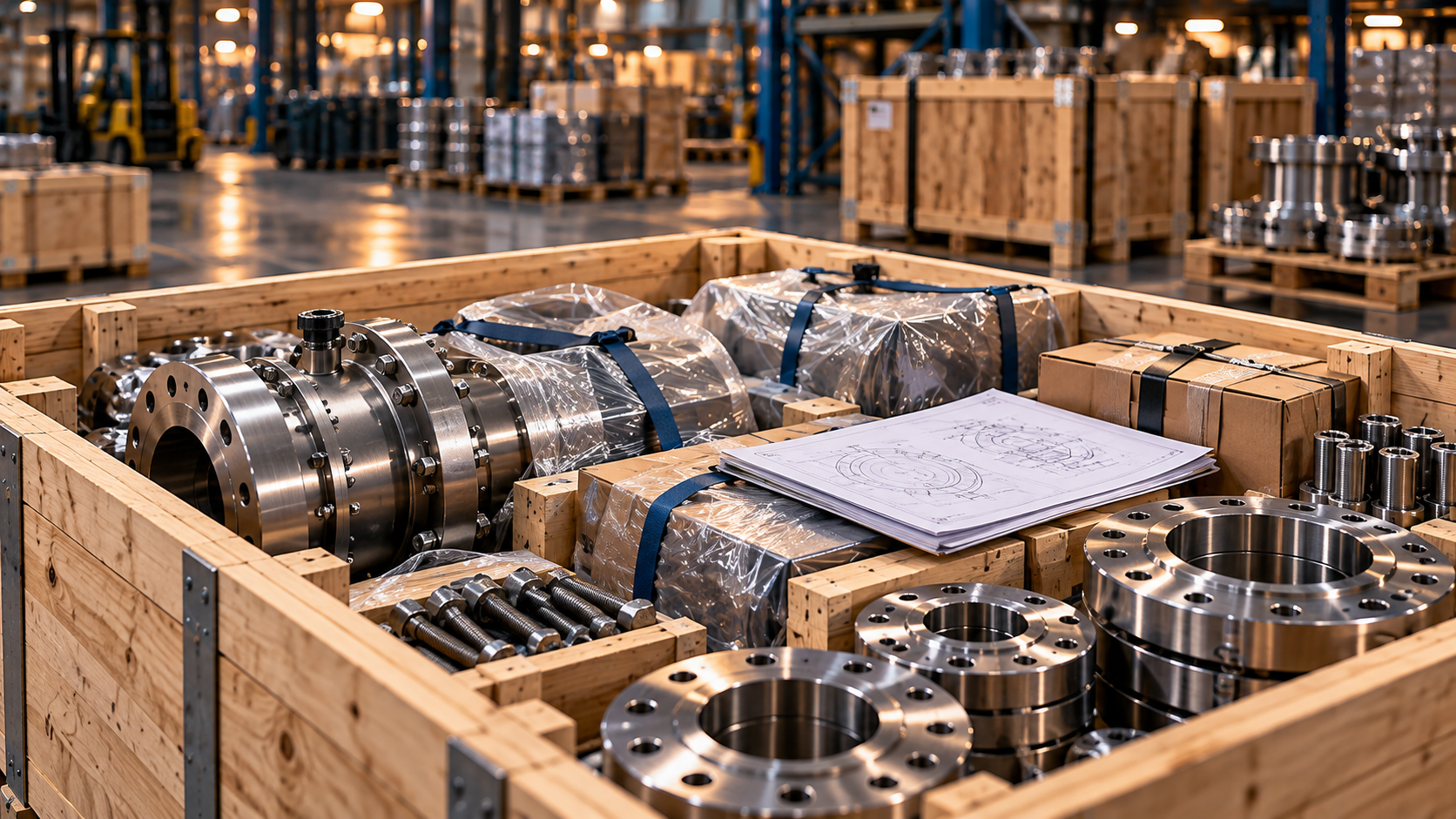 Industrial components in a wooden shipping crate with documentation