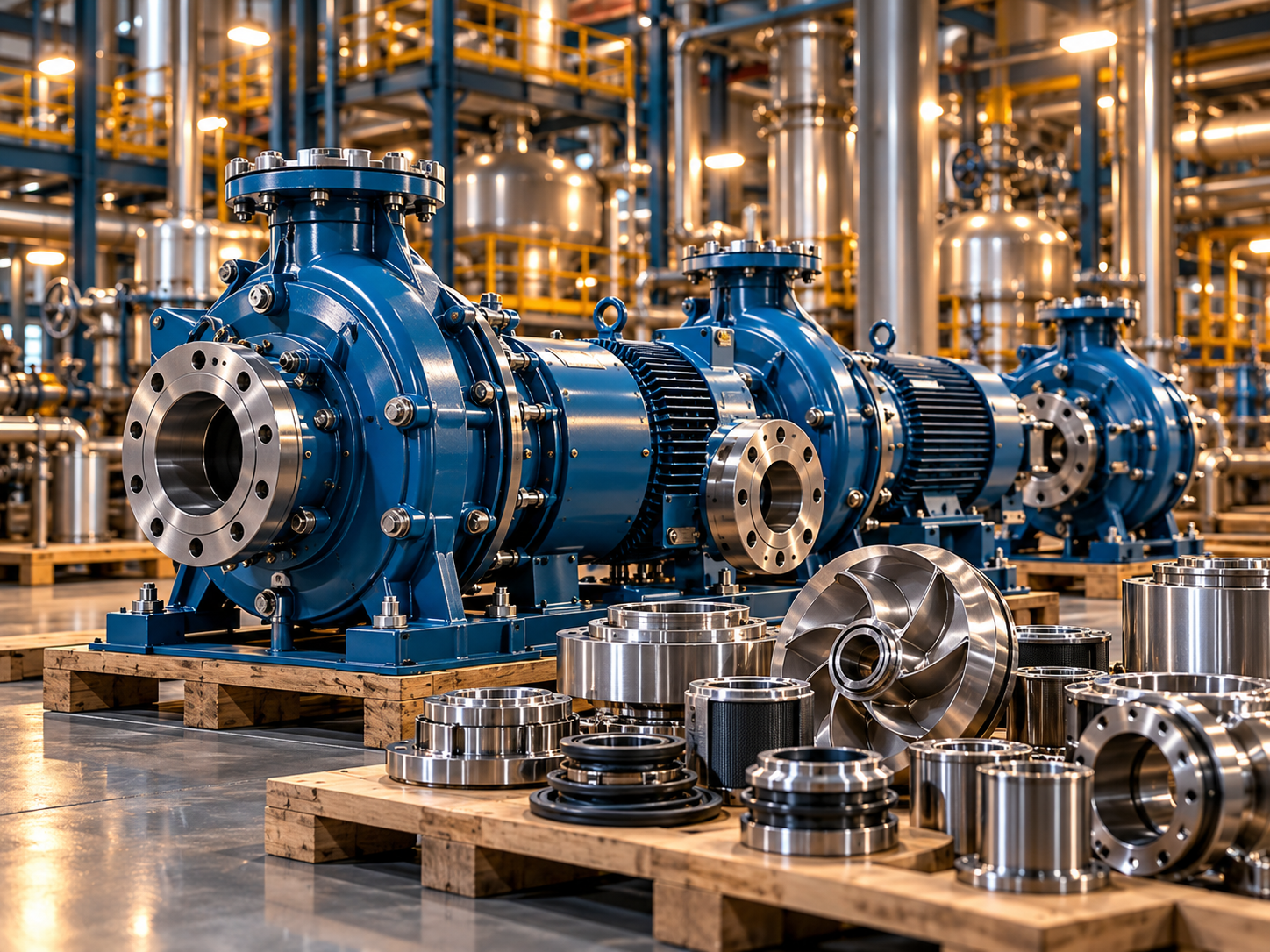 Blue industrial centrifugal pump and motor