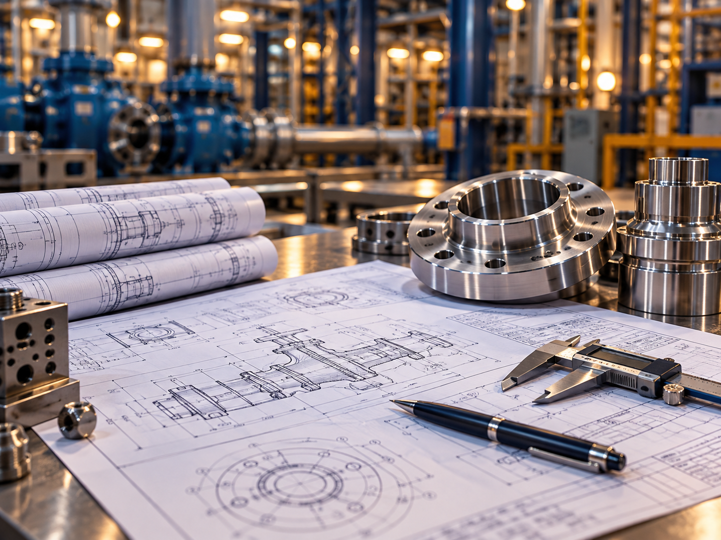 Engineering drawings beside a machined component