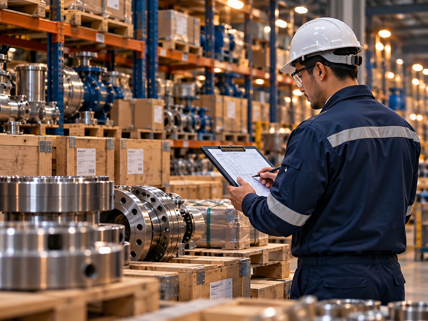 Engineer checking an order in an industrial warehouse