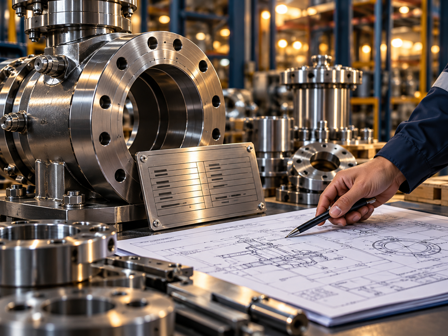 Engineer reviewing technical drawings and an equipment nameplate