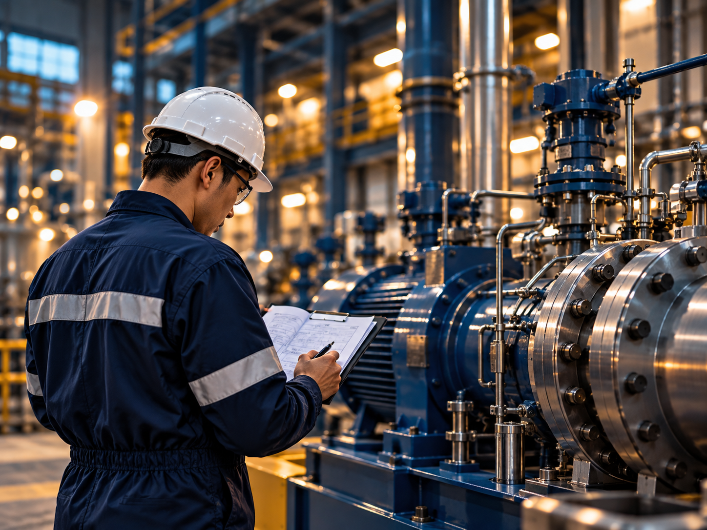 Engineer reviewing equipment documentation at a manufacturing facility