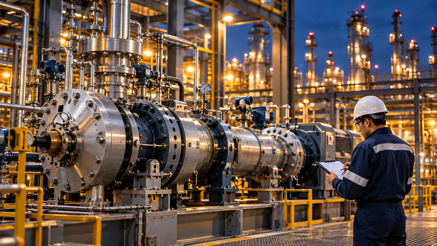 Engineer checking manufacturing progress of industrial equipment