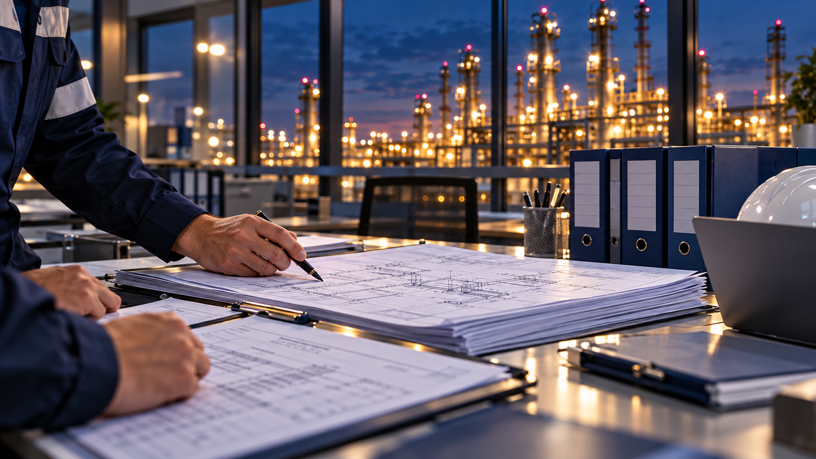 Technical drawing review beside an industrial component