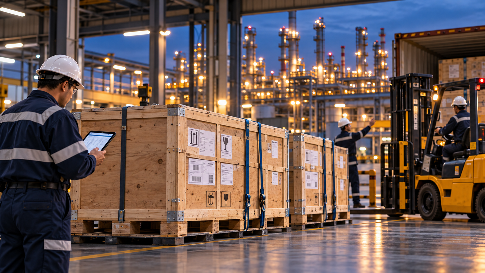 Packed industrial equipment in a warehouse