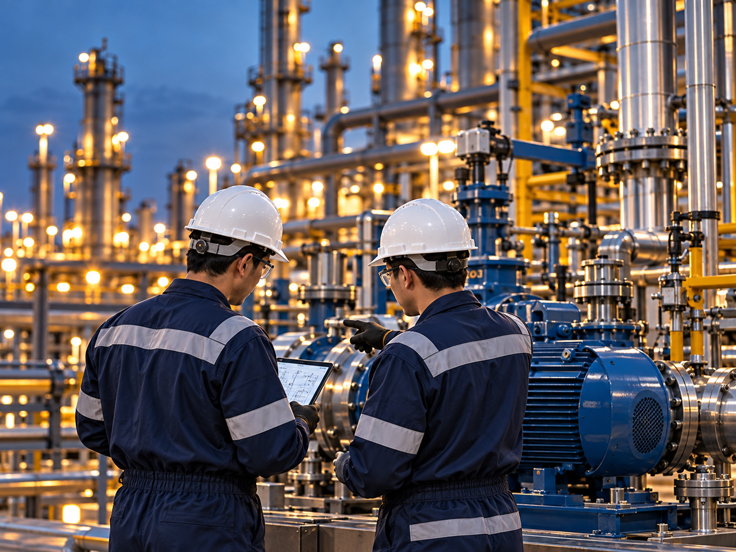 Technicians checking an installed pump assembly