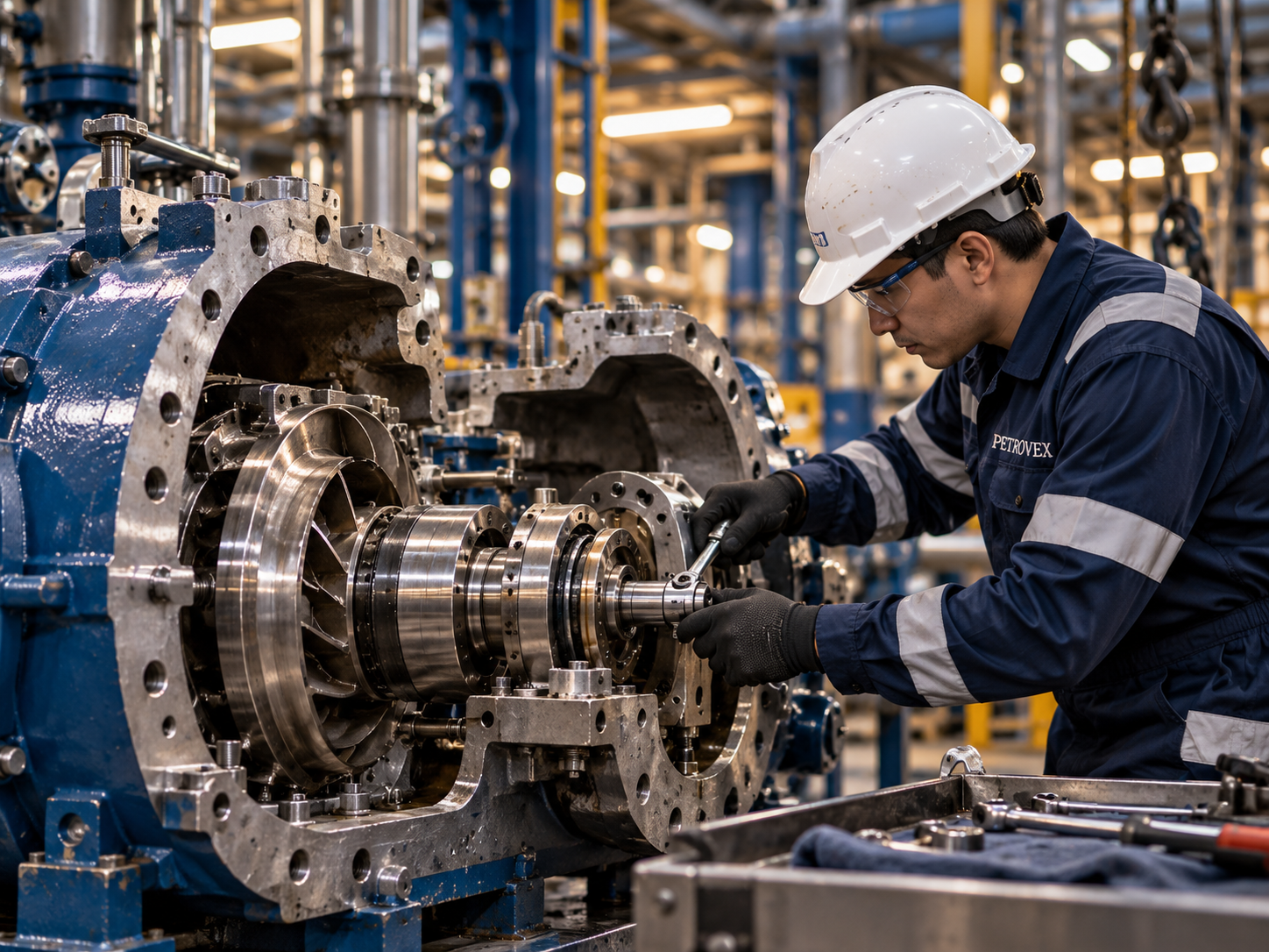 Technician working on a dismantled pump